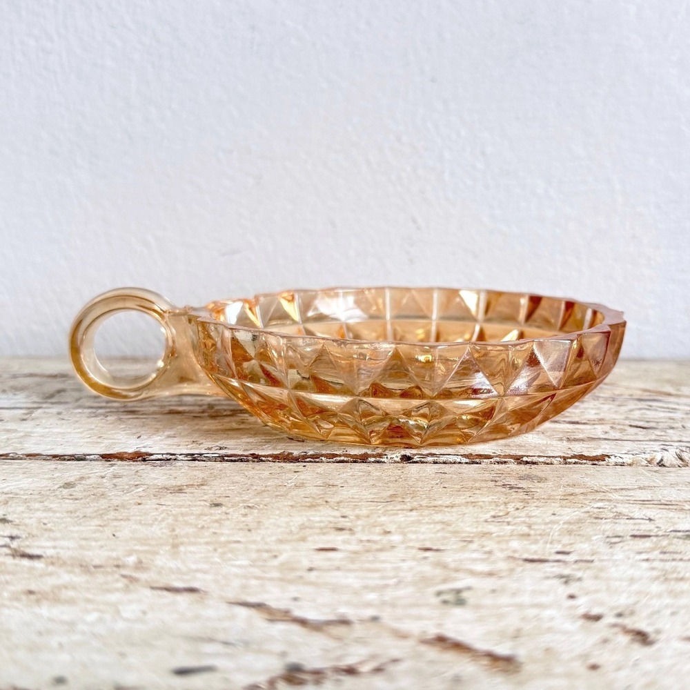 Vintage Peach Luster Glass Nappy Dish Diamond Point Amber Iridescent Bowl CSGC